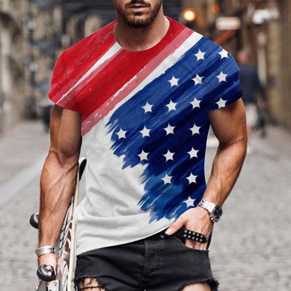 cllios T-Shirts du 4 Juillet pour Hommes Patriotiques à Imprimé Drapeau Américain Coupe Régulière Col Rond Haut Grande Taille Manches Courtes T-Shirt