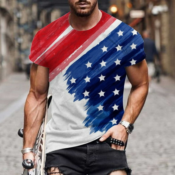 cllios Independence Day Shirts for Men Patriotic Red White and Blue Graphic Tees Classic Round Neck Top Breathable Short Sleeve T Shirt