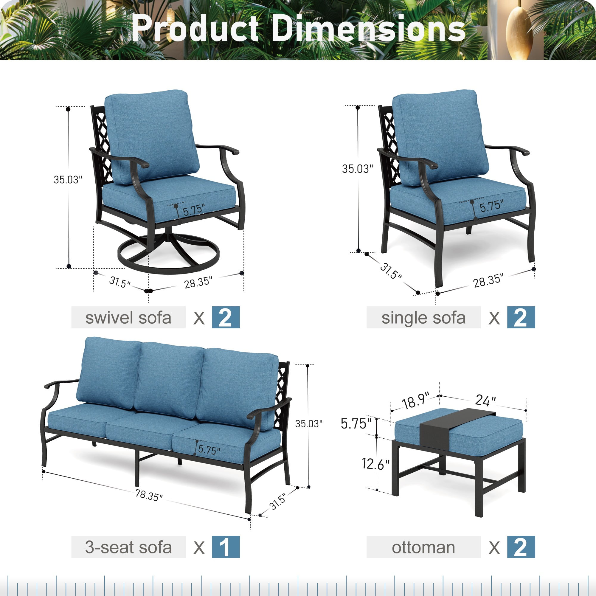 MF Studio 9-Seater Patio Conversation Set Metal Outdoor Furniture Set with Swivel Chairs and Ottomans - Navy Blue