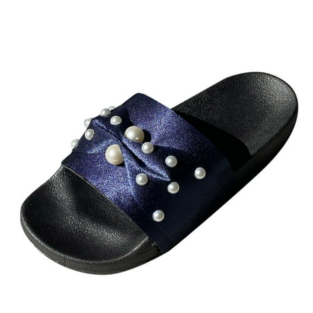 HSMQHJWE Womens Slides Slip On Sandals For Women Indoor Outdoor Summer Slippers Sandals Comfortable Boho Beach Pool Pearl Open Toe Slides Shoes For Women HSMQHJWEBlue 9