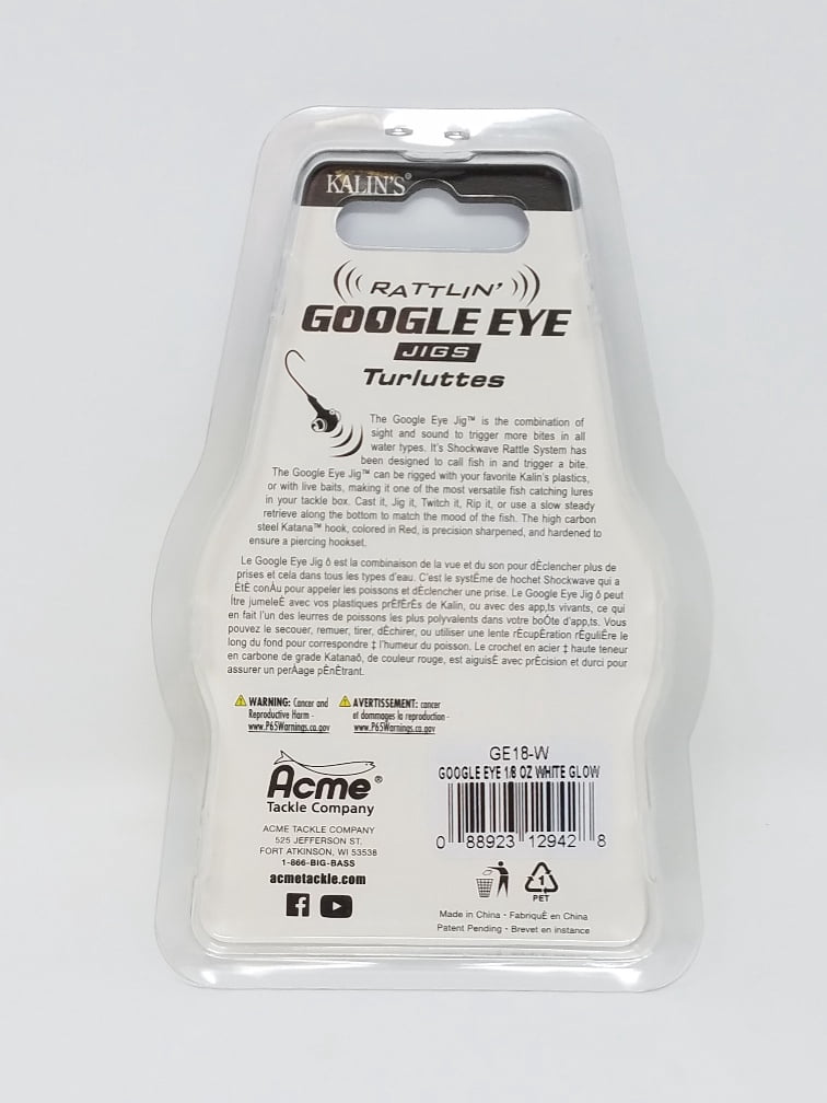 Acme Tackle Kalin's Google Eye Rattlinn Soft Plastics  Fishing Lure Jig White 1/8 oz. 3 Pack