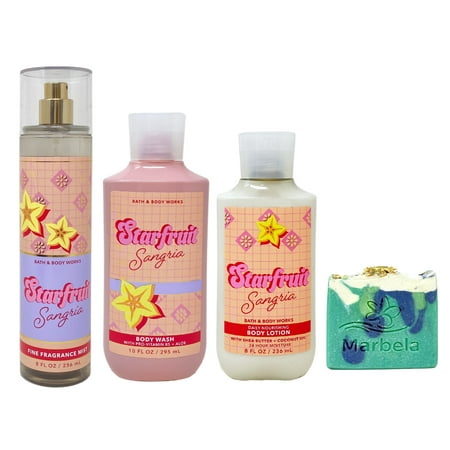 Bath & Body Works Starfruit Sangria Trio Gift Set - Fragrance Mist, Body Wash and Body Lotion - with an Aloe Vera Bar Soap - Full Size