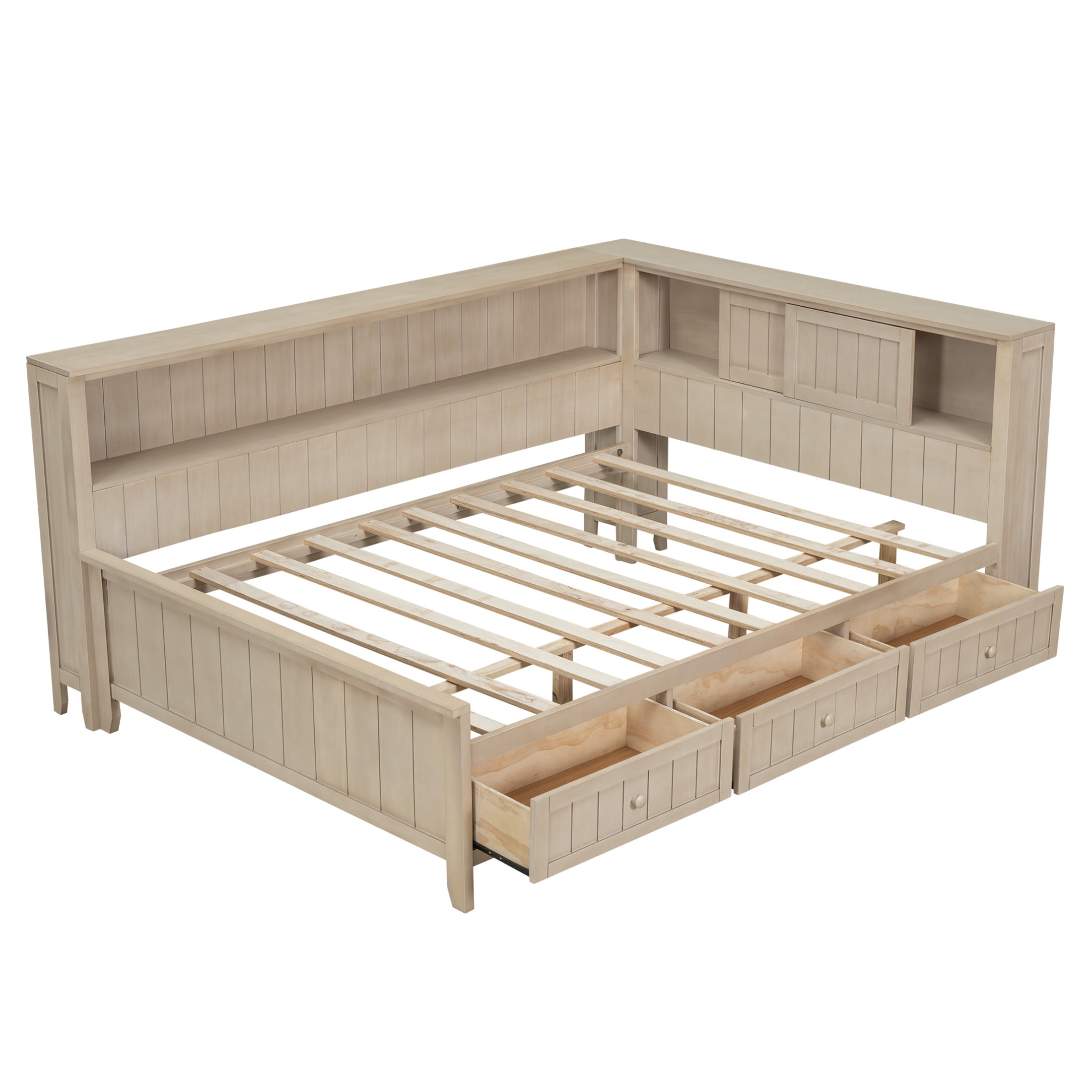 Noble House Full Daybed with Storage Drawers and Shelves, Wood Guest Bed Frame with Sliding Doors, Antique White