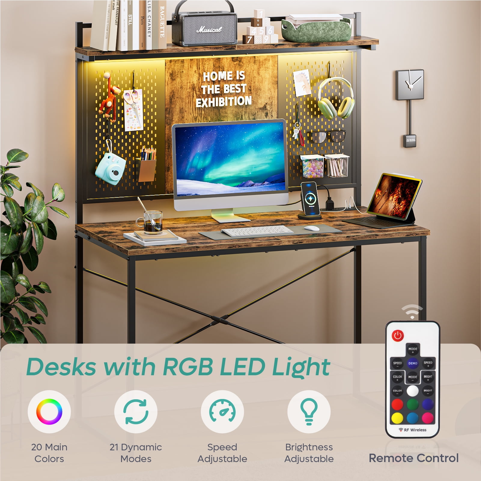 Bestier Gaming Desk with Power Outlets & LED Light, 39.3 Inch Computer Desk Office Table with Storage Shelves Pegboard, Rustic Brown