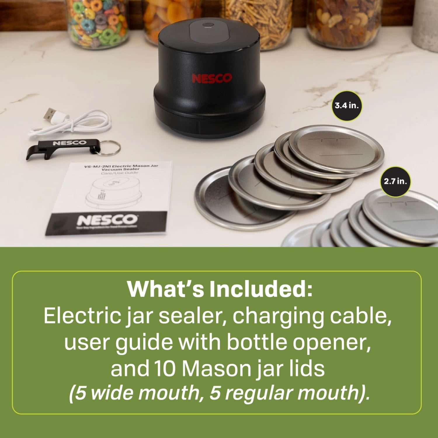 NESCO Electric Mason Jar Vacuum Sealer with 10 Assorted Lids, Type-C Charging Cable, and Bottle or Jar Opener