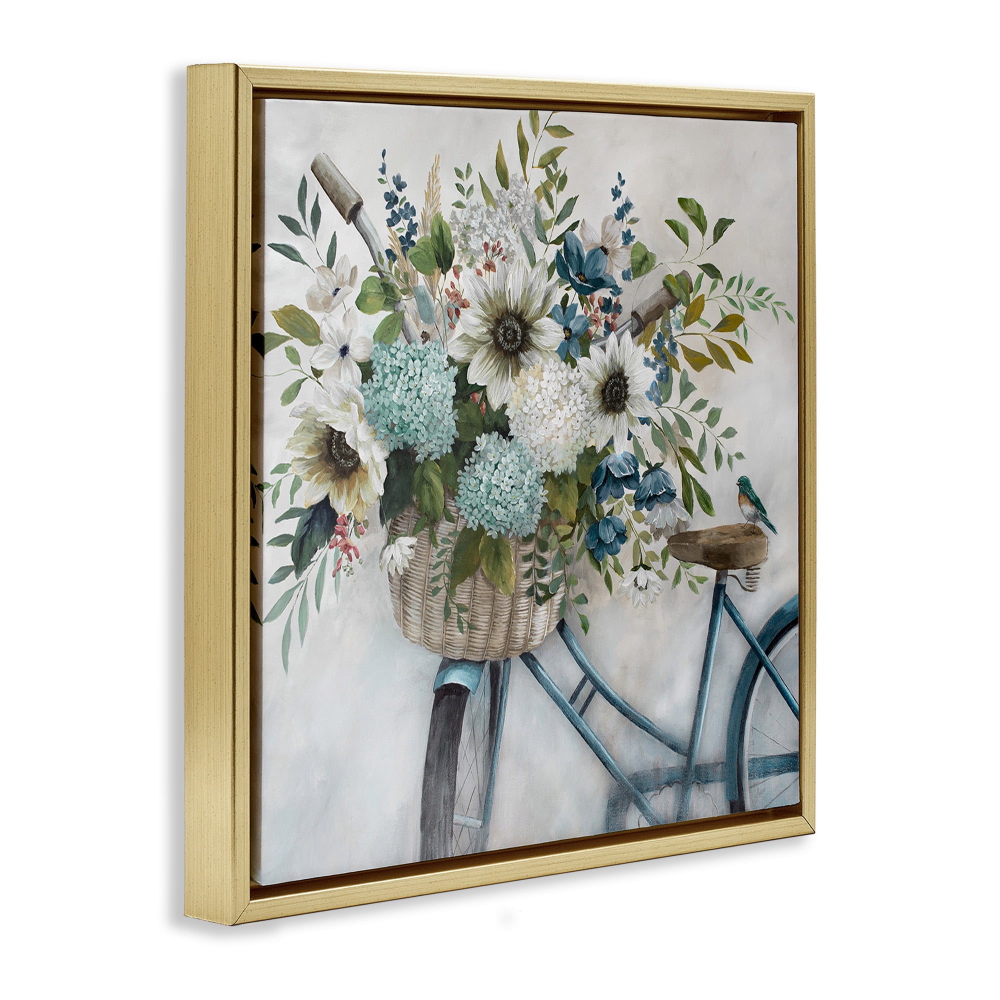 Stupell Industries Floral Bike Basket Transportation Painting Gold Floater Framed Canvas Art Print Wall Art, 25 x 25