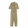thumbnail image 2 of HAPIMO Women's Wide Leg Cotton Linen Jumpsuit Relaxed Solid Button Short Sleeve Lapel Trousers Fashion Casual Daily Yellow L, 2 of 8