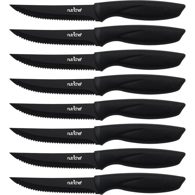 NutriChef Ensemble de Couteaux à Steak 8 Pcs - Lames en Acier Inoxydable Dentelées Premium, Antiadhésives et Résistantes à la Rouille, Design Ergonomique - Idéal pour la Maison, les Barbecues et les Restaurants - Noir