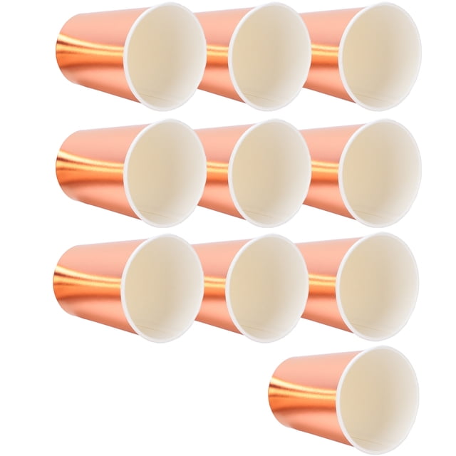 vaso ecológico, 20 vasos de papel para bebidas calientes, vasos desechables, tecnología innovadora Pack de 20 vasos de papel multicolor con acabado metálico dorado y plateado; vista frontal inclinada que muestra el interior blanco y la pared de papel; tamaño aprox. 8.3 x 7.3 x 7.3 cm. Adecuados para fiestas, servir bebidas calientes y decorar mesas; también suelen usarse para porciones individuales en postres o degustaciones.