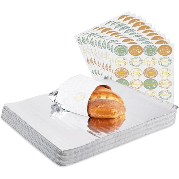 12" x 14" Pre-Cut Insulated Sandwich Wrap Paper with Stickers, 200 Pack Aluminum Foil Sheets for Wrapping Hamburger, Taco, Hot-dog and Burrito, Laminated with Paper, Grease-Resistant