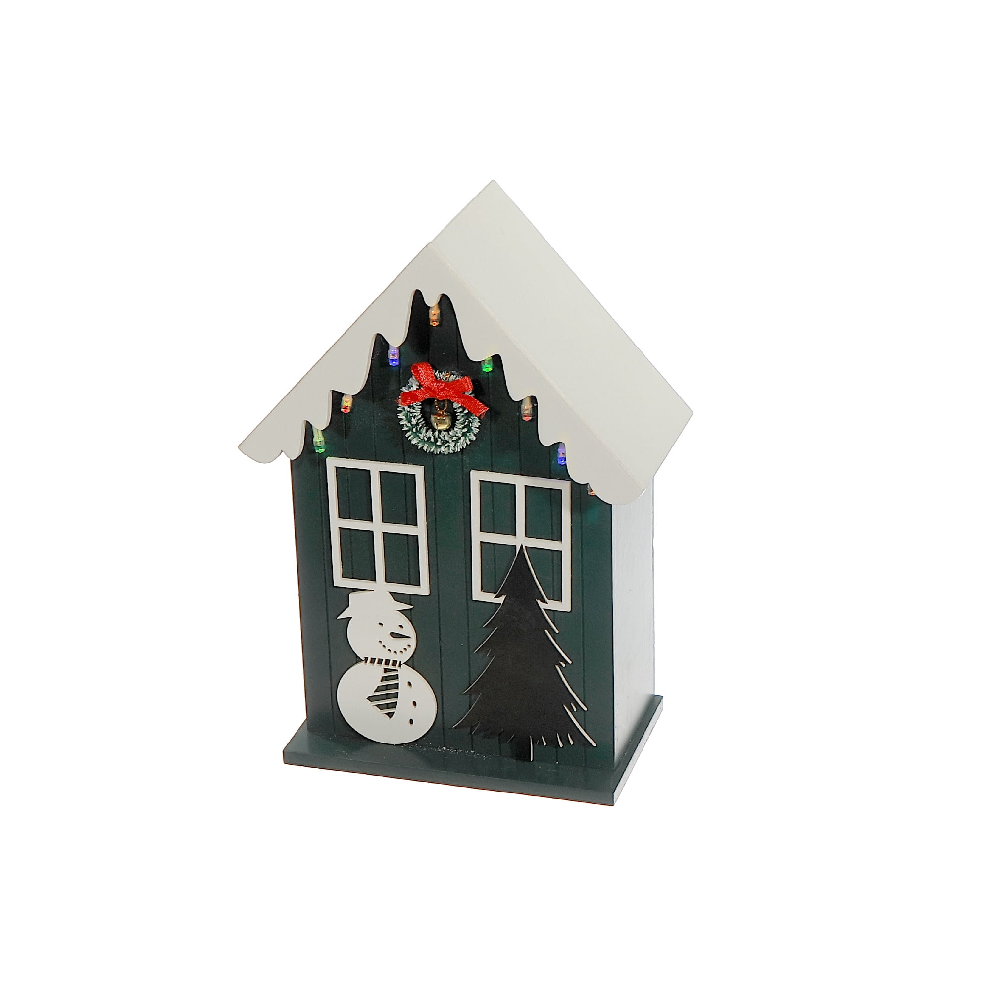 Led Wooden House With Snowman (Green) W/Timer