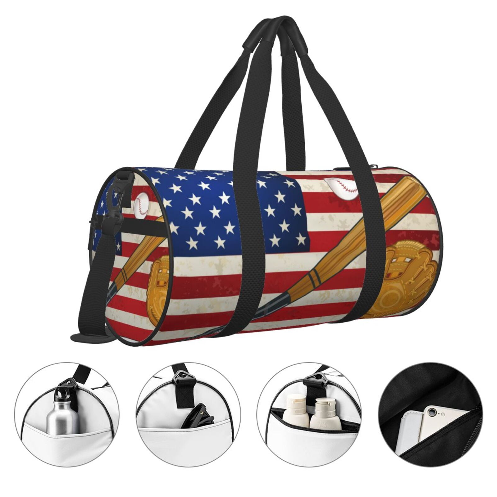 Horeoi American Flag And Baseball Print Foldable Travel Duffle Bag with Removable Strap - Water-Resistant Gym Vacation Luggage Multi-Pocket Design