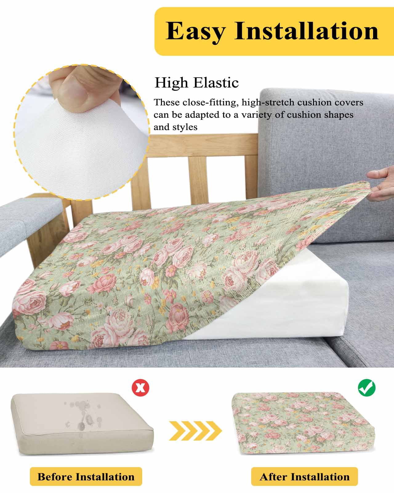 Pink Flowers Couch Cushion Covers,Stretch Seat Cushion Covers for Sectional Sofa,Green Country Botanical Floral Leaves Loveseat Sofa&nbsp;Slipcovers Furniture Protector with Elastic Straps 1Pcs, M