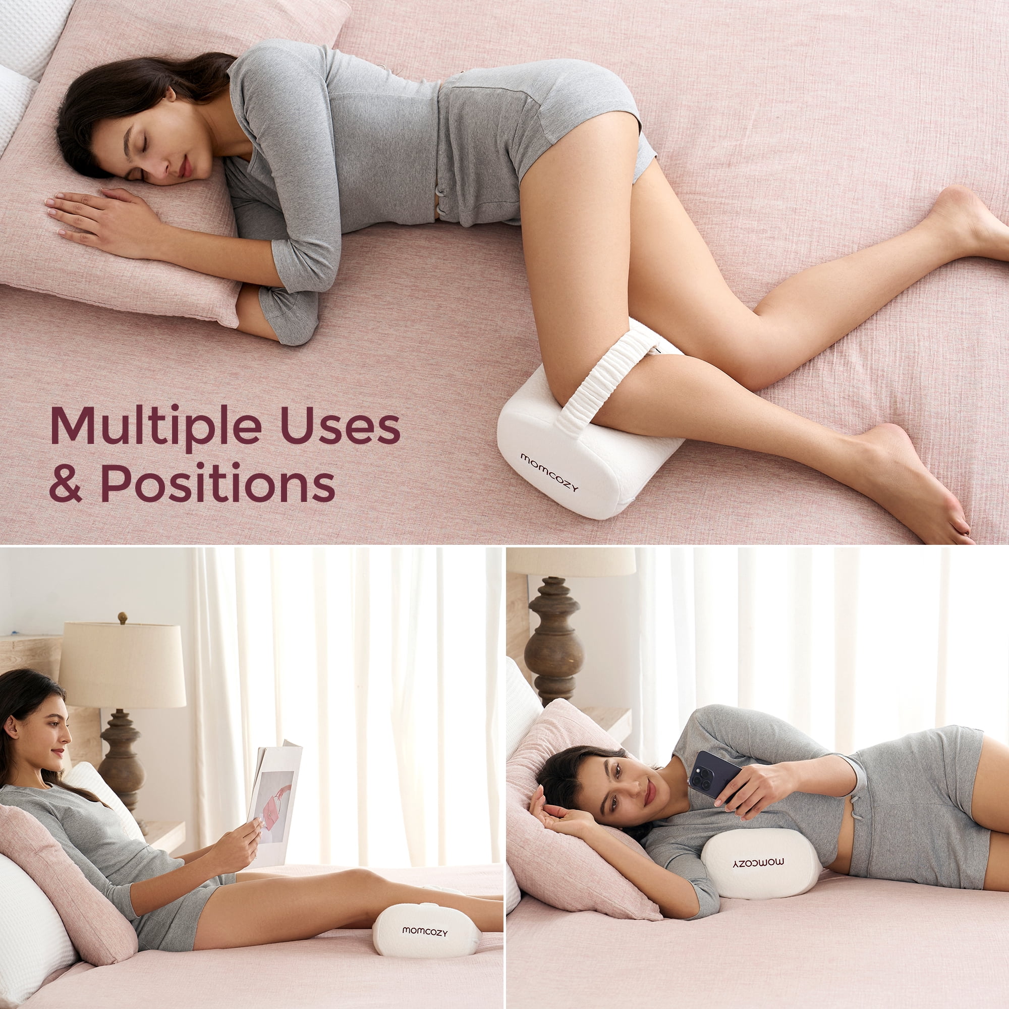 Momcozy Knee Pillow for Side Sleepers, Soft Memory Foam Support Spine Alignment Pregnancy Leg Pillow for HIPS, Back, Sciatica Pain, Fixed Strap for Moving, Wider Contact Even Pressure