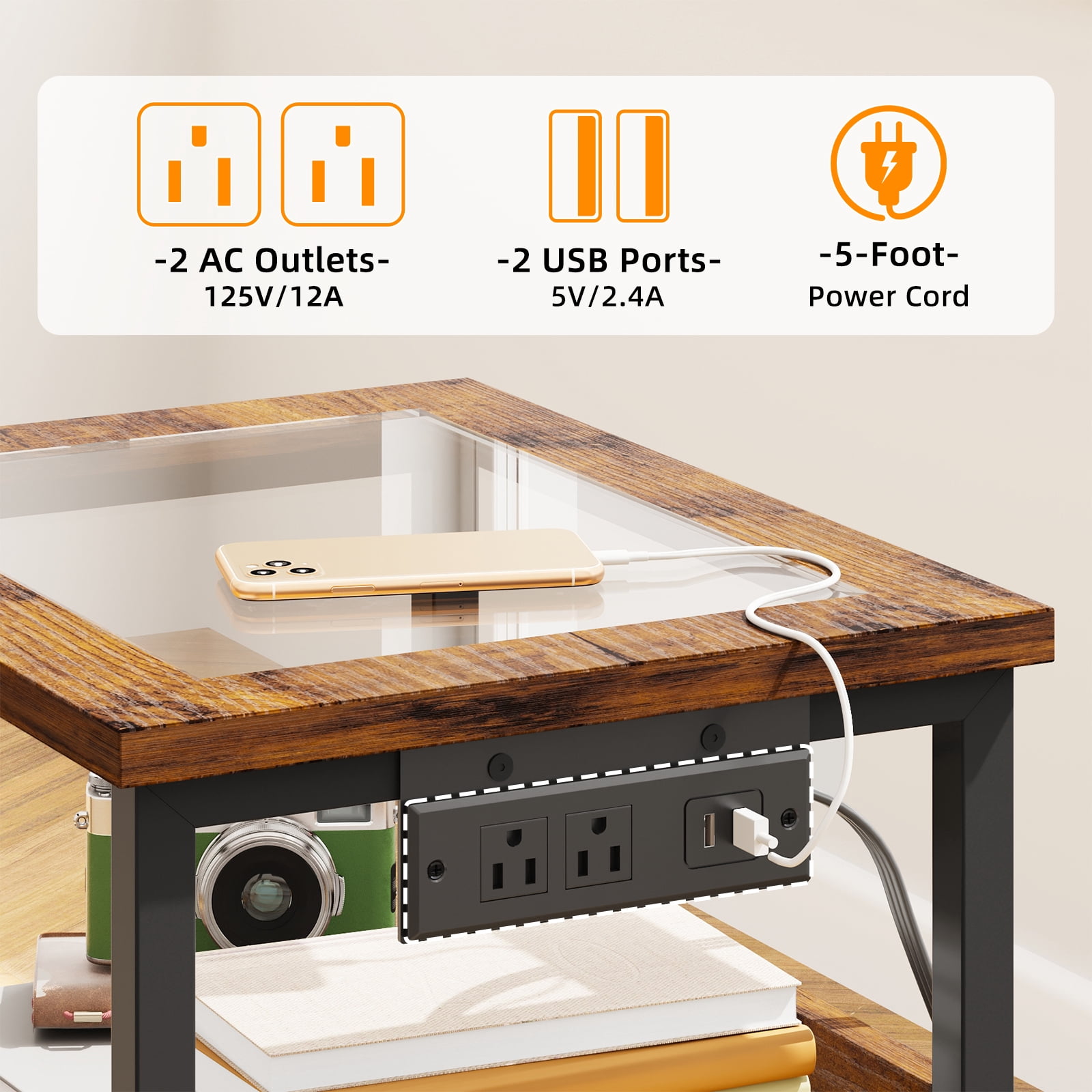 Tomnk 2 Pack Rustic Brown Nightstands with LED Lights, Charging Station, Drawers