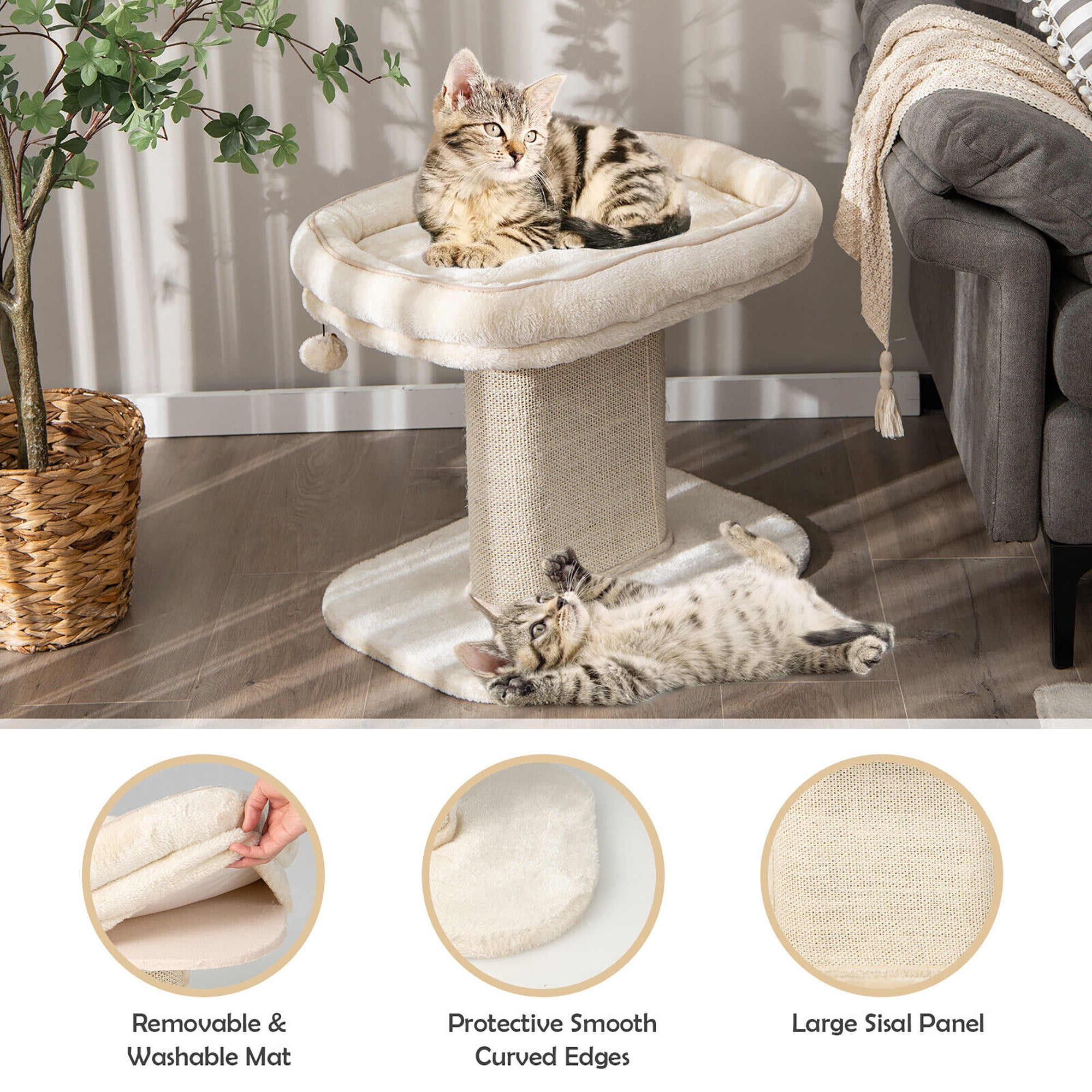 Gymax Modern Cat Tree Tower Cat Activity Tower w/ Large Plush Perch Beige