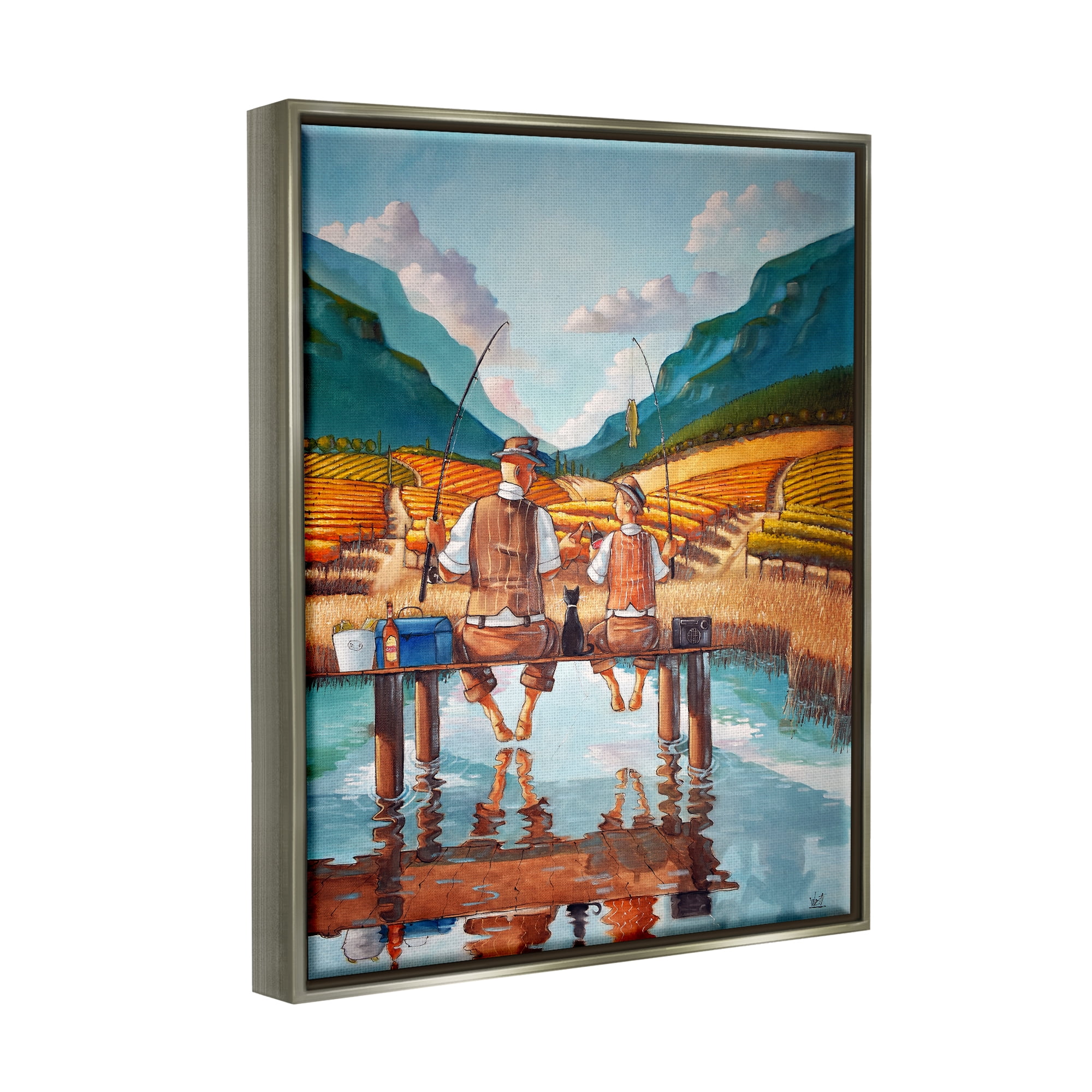 Stupell Fishing Pond Rural Quality Time Landscape Painting Gray Floater Framed Art Print Wall Art