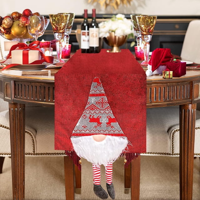 Camino de mesa navideño, camino de mesa con duende navideño, camino de mesa navideño con muñeca sin rostro, mantel rectangular para mesa de Navidad, lavable, 212 x 34 cm, rojo