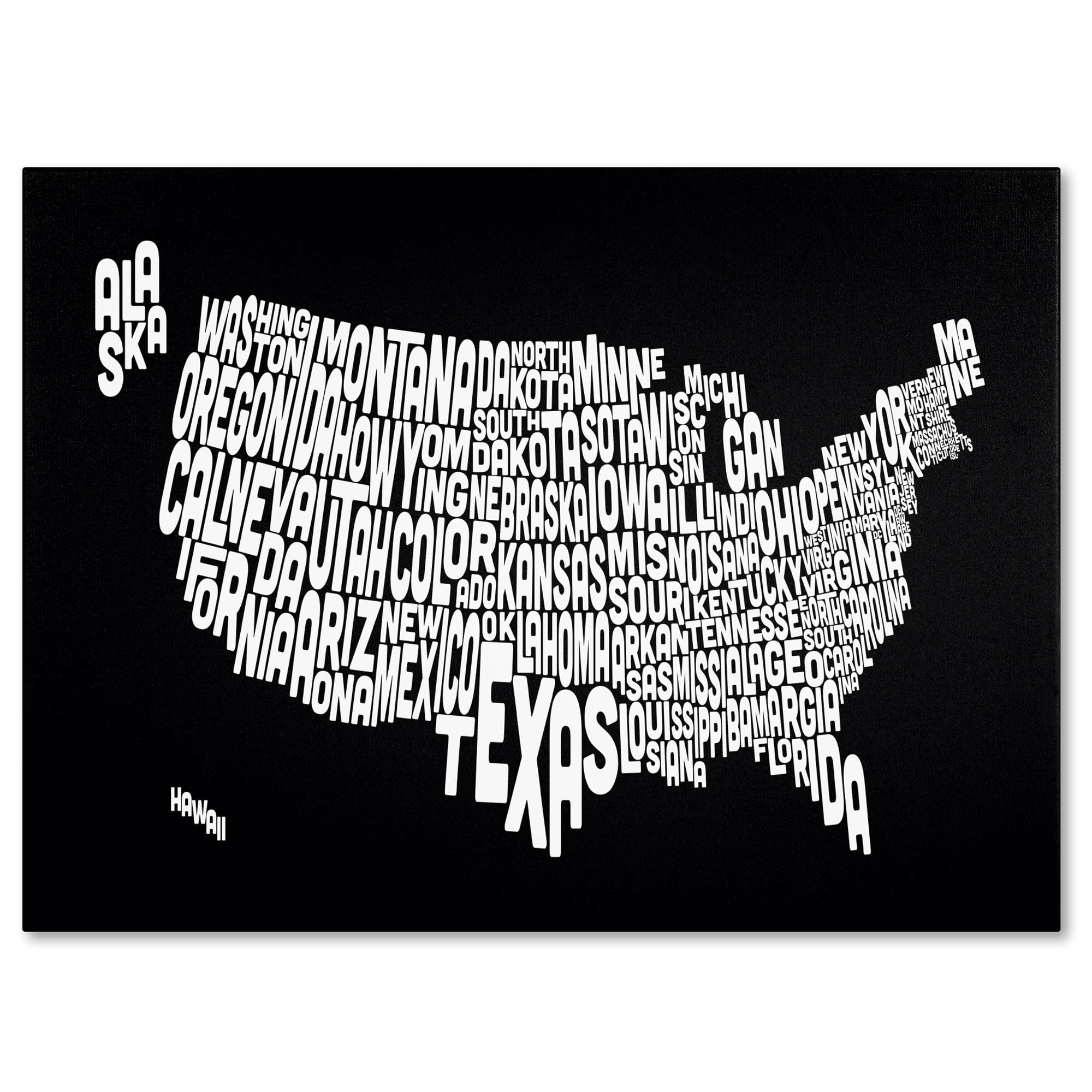 Trademark Art 'BLACK-USA States Text Map' Canvas Art by Michael Tompsett