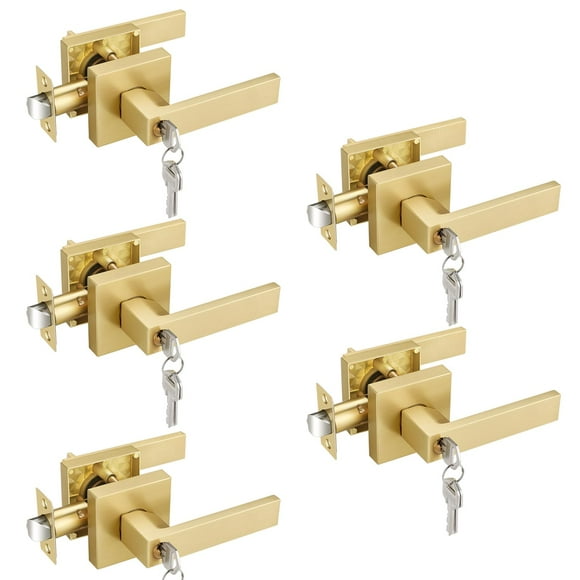 EHOMEWARE 5 Pack Entry Door Levers with Keys for Exterior Front Doors All Keyed Same Satin Brass Finish Keyed Alike for Bedroom Bathroom Interior Doors Modern Gold Door Handles