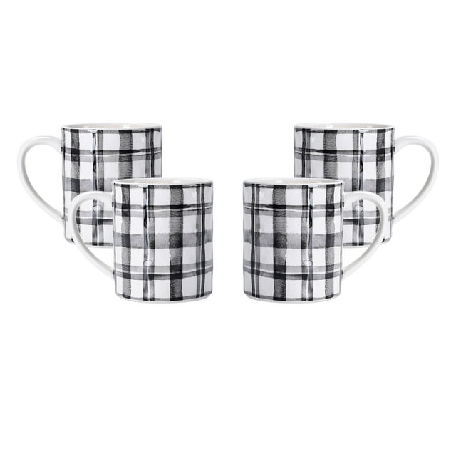 Bico Black and White Plaid Ceramic Mugs, Set of 4, for Coffee, Tea