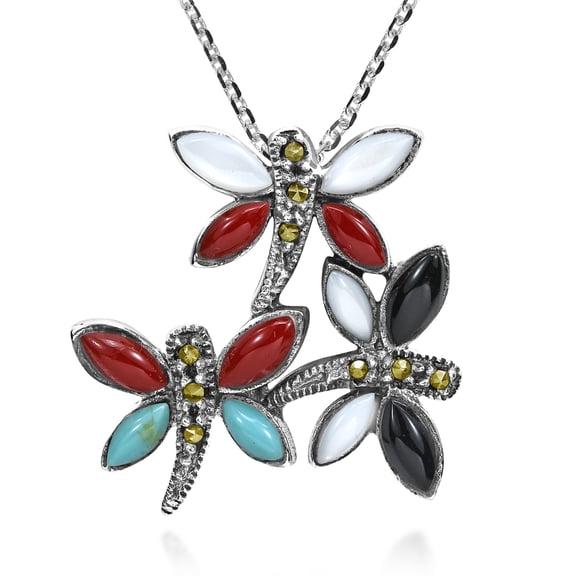 Magical Colorful Marcasite 3-Dragonfly Animal Lover .925 Sterling Silver Necklace