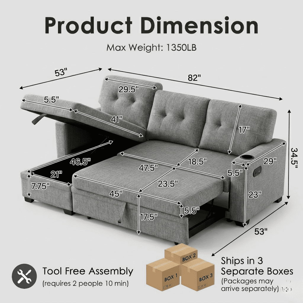 Howcool 82" Sectional Sofa Bed, L-Shaped Sleeper Pull Out Couch with Storage Chaise & USB Charging Ports, Linen Fabric for Small Apartment Living Room, Light Grey(Thick Sponge)
