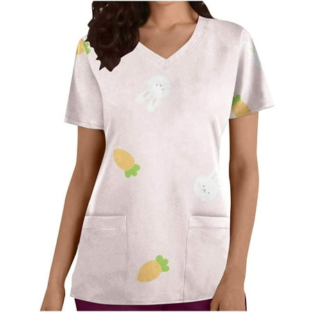 

atinetok Scrubs Tops for Women Easter Eggs Dressy Casual Work Tshirt Shirts Short Sleeve V Neck Womens Blouse with Pocket