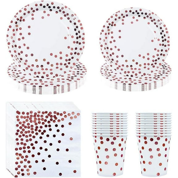 WSNIJFU 80Pcs Rose Gold Party Tableware Dinnerware Paper Plates Napkins Cups Disposable Dinner Dessert Plates for Birthday Party Suppplies,Weddings,Anniversary, White with Rose Gold Foil（20 Guest）