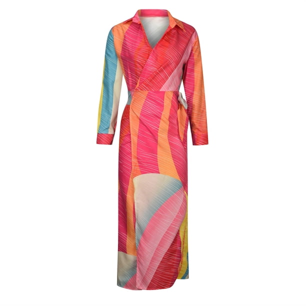 Vestido largo informal con dobladillo dividido y cordón de solapa con estampado de mangas largas sexy para mujer Pompotops hdfakjf9369