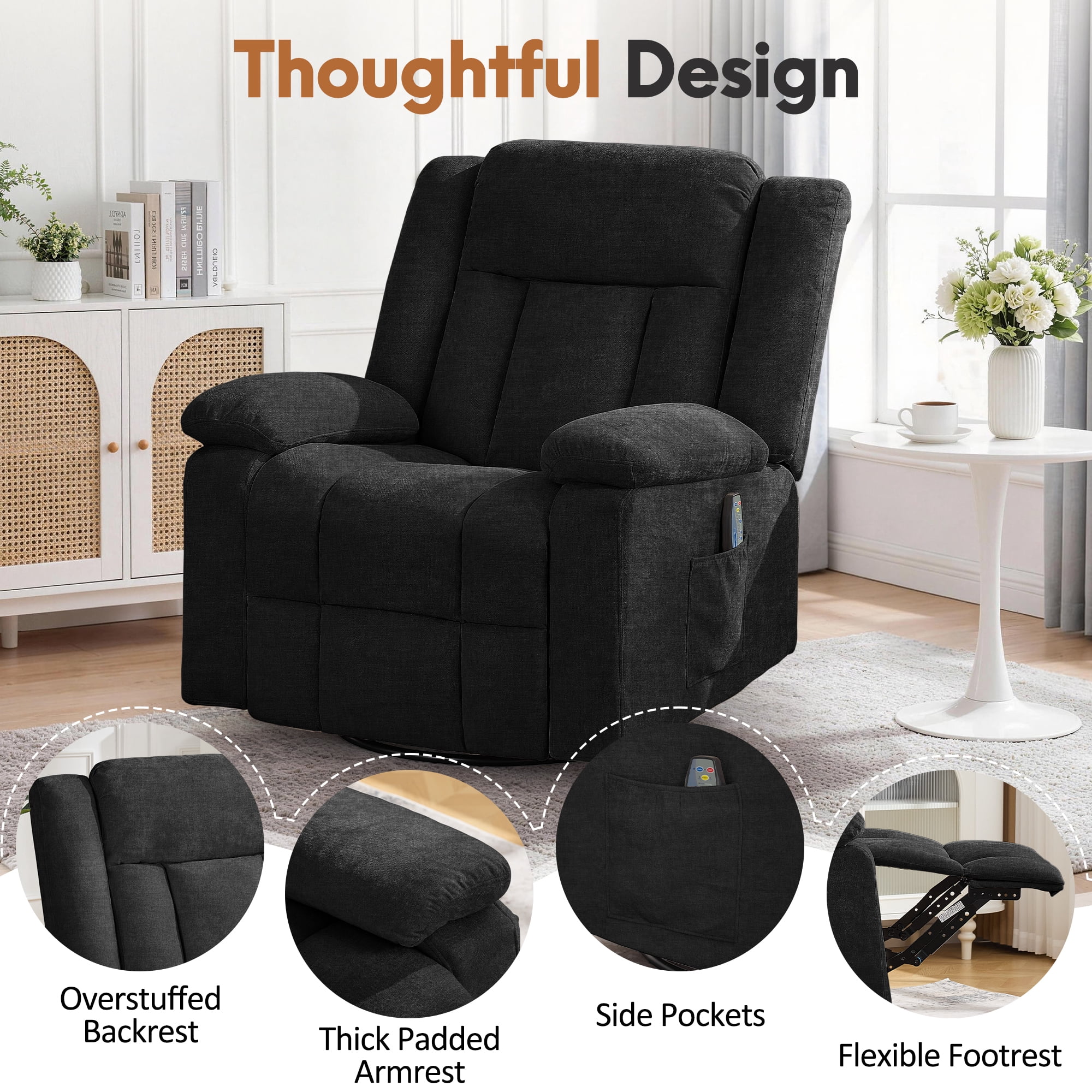 Korser 360°Swivel Rocker Recliner with Massage and Heating,Rocker Recliner Chair for Adults with Side Pockets Nursery Glider Recliner for Living Room,Chenille,Black