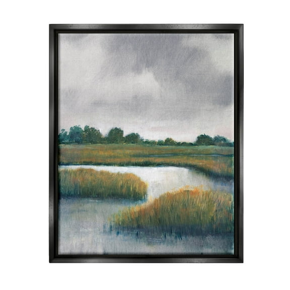 Stupell Industries Rural Marshland River Grass Painting Jet Black Floating Framed Canvas Print Wall Art, Design by Tim OToole