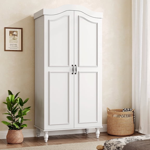 71 in Farmhouse White Armoire Cabinet, 2-Door Wardrobe Closet with Hanging Rod & Shelf, Bedroom Storage Organizer