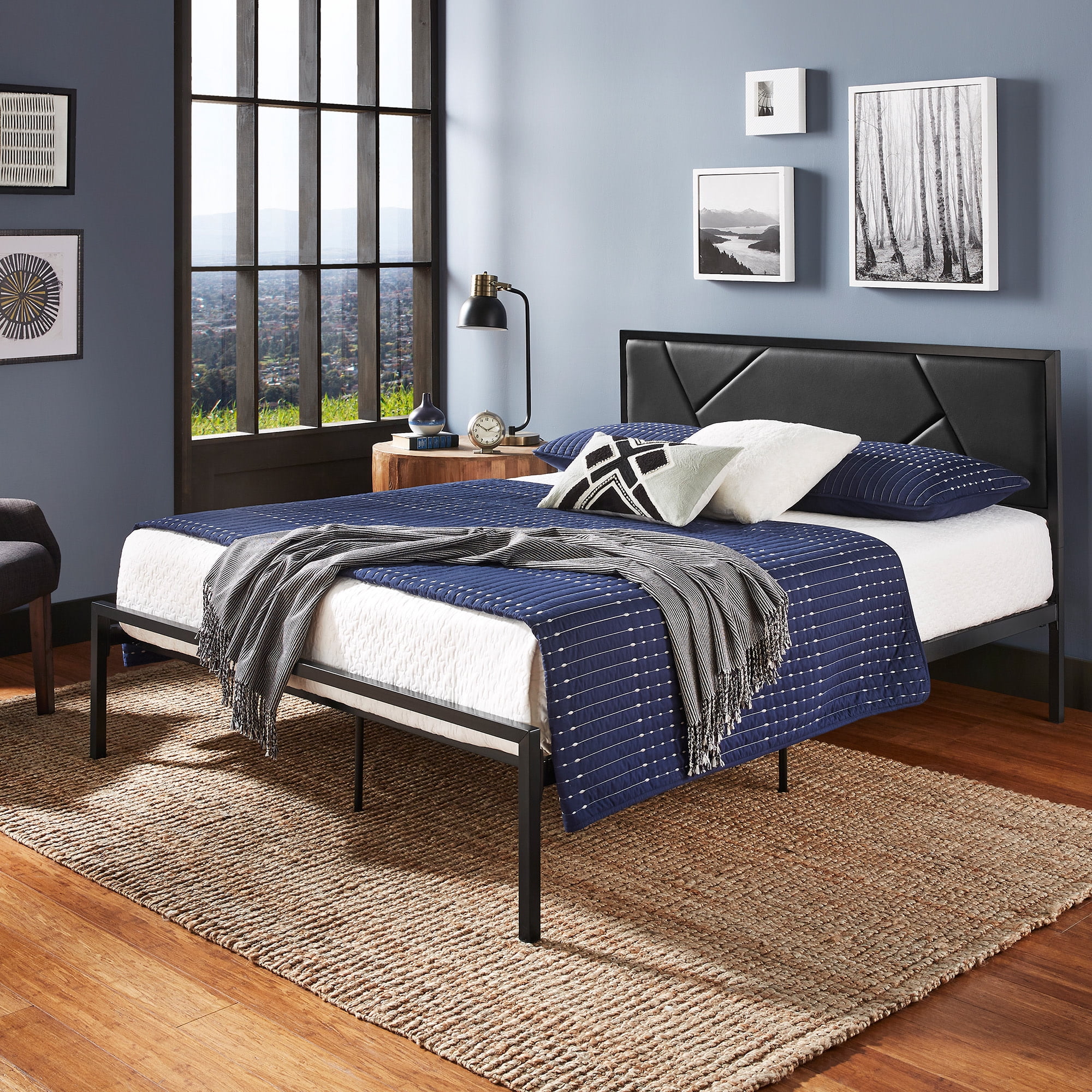 Weston Home Berzelia Metal Platform Bed with Geometric Headboard, Full, Black