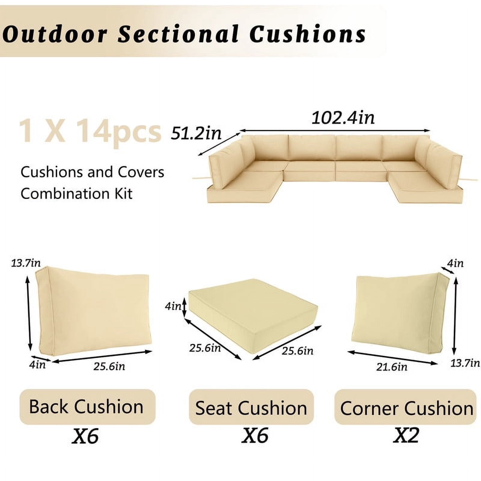 SDJPOI Patio Furniture Sectional Cushions, 14 Piece Waterproof Outdoor Sofa Cushion Replacement(beige)