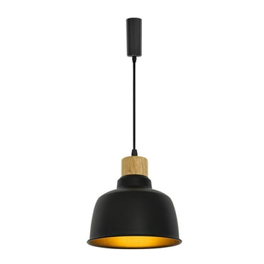 FSLiving Adjustable Wire Length J-Type Track Pendant Light E26 Wood Base Retro Black Metal Shade for Pantry Farmhouse Bar Sink (Bulb & Ceiling Track Sold Separately) - 1 Light