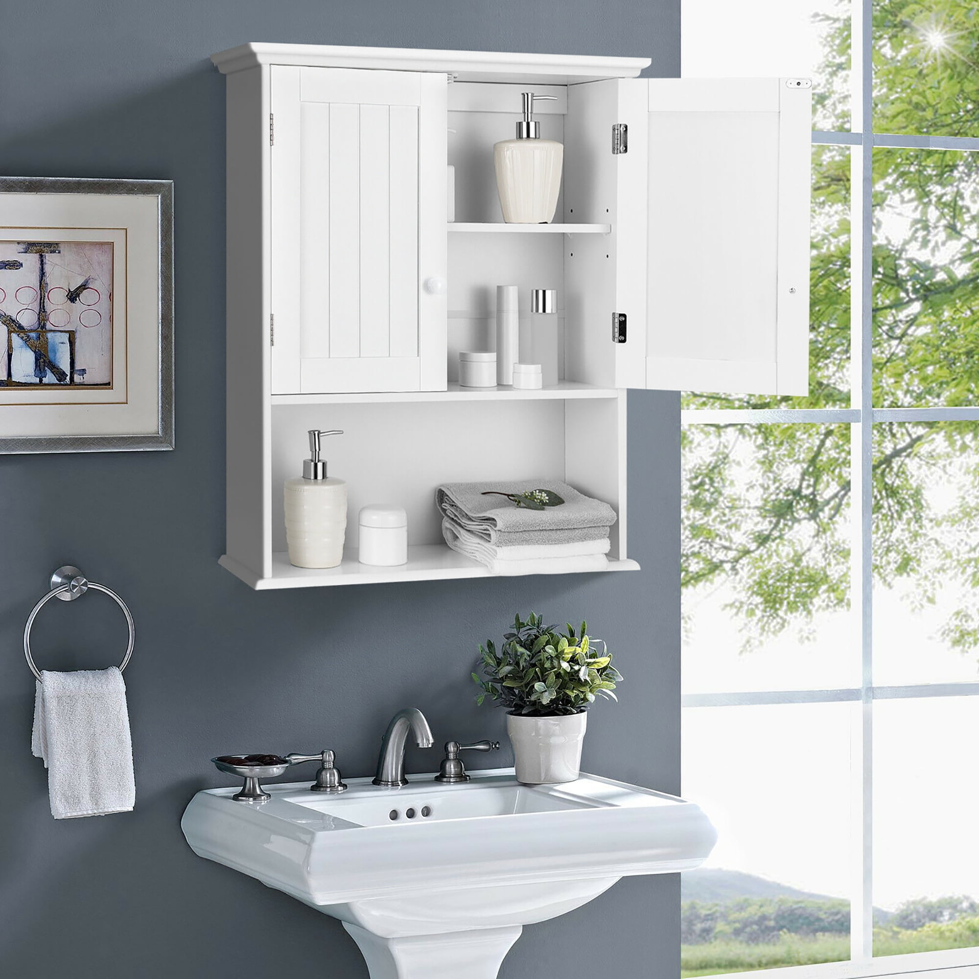 Costway Wall Mount Bathroom Storage Organizer Medicine Kitchen Laundry White