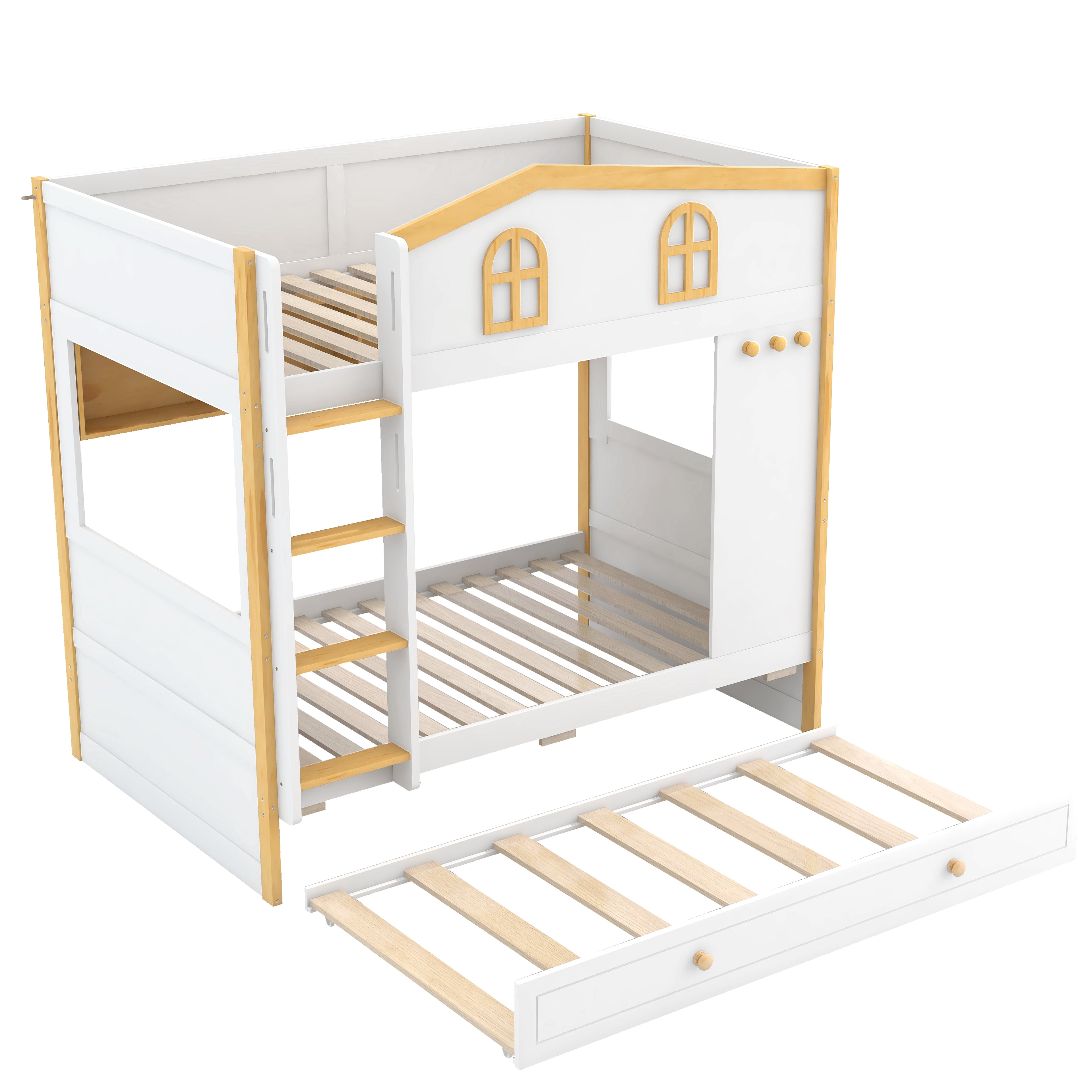 Euroco Wood Twin over Twin Bunk Bed with Shelves and Trundle, House Bed with Guardrails, White