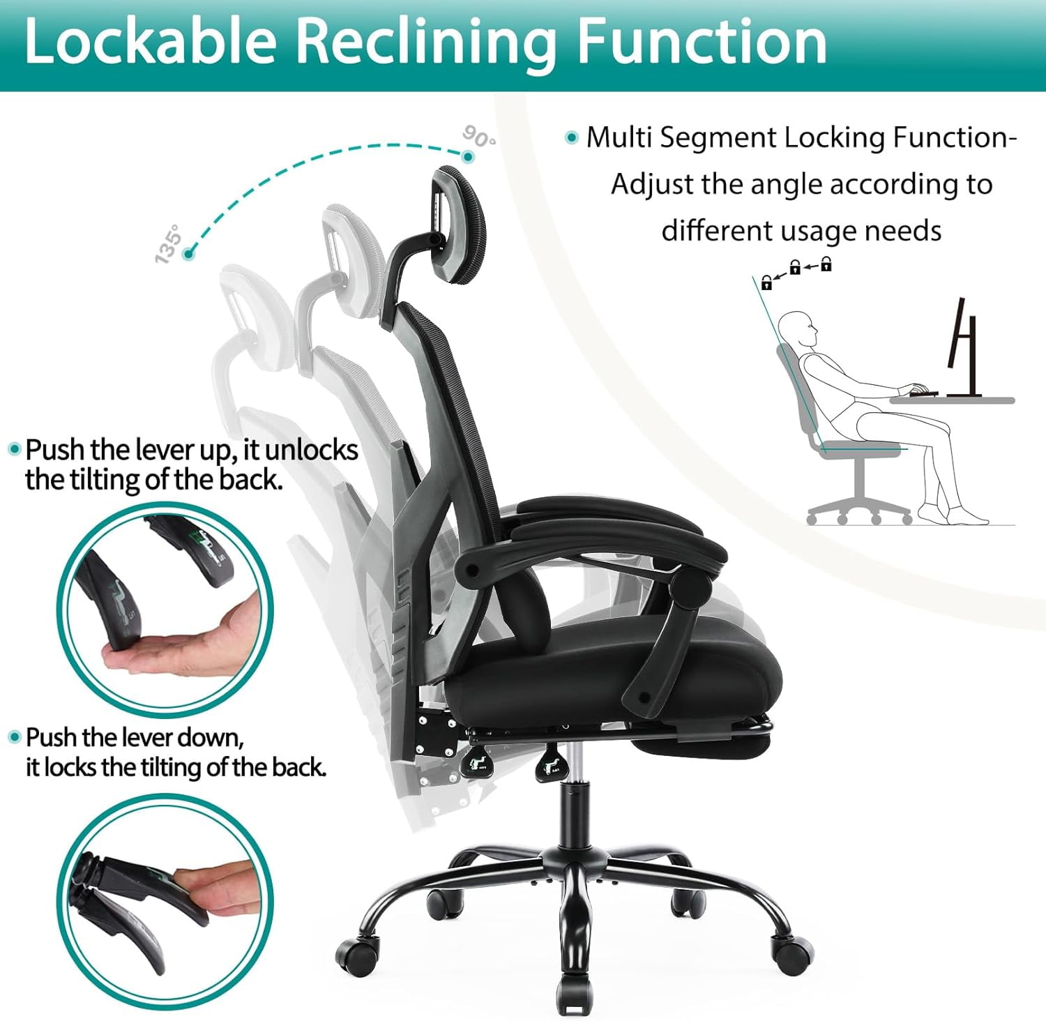 Atilioo Ergonomic Office Chair with Footrest, High-Back Mesh Swivel Chair with Adjustable Lumbar Support, Headrest & Wheels, Rolling Recliner for Home Office, Gaming, Study, Black