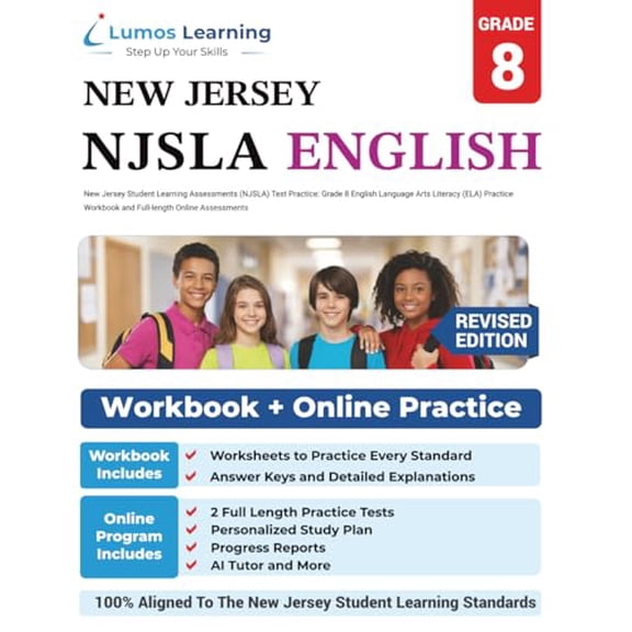 Pre-Owned New Jersey Student Learning Assessments (NJSLA) Test Practice: Grade 8 English Language Arts Literacy (ELA) Practice Workbook and Full-length Online ... Test Study Guide (NJSLA by Lumos Learning)