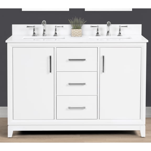 Luton 48" Double Bathroom Vanity with White Quartz Top, 2 Sinks & Backsplash, 49" W x 22" D x 34.5" H, Crystal White Finish, Solid Wood, Pre-Assembled, Soft-Closing Drawers and Doors