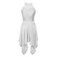 thumbnail image 3 of Alvivi Women's Lyrical Dance Costumes Sequin Halter Backless Asymmetrical Hem Mesh Dance Skirt White XL, 3 of 7