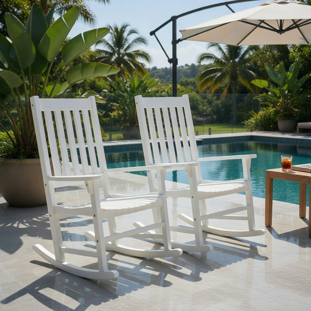 Hommoo Acacia Wood Indoor & Outdoor High-Back Rocking Chair, Weather-Resistant Patio Rocker for Backyard, Balcony & Living Room, White