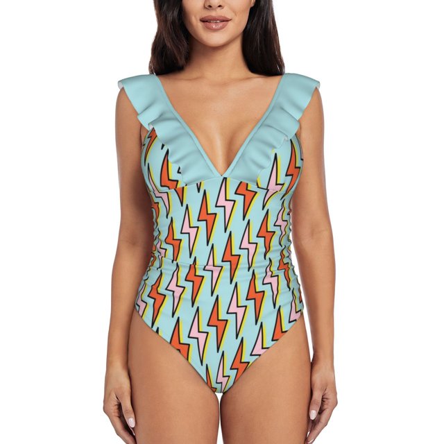 Get Struck Deep V-Neck Halter One-Piece Swimsuit Ladies Monokini Beach Bathing Suits Swimwear Lightning Nature Weather