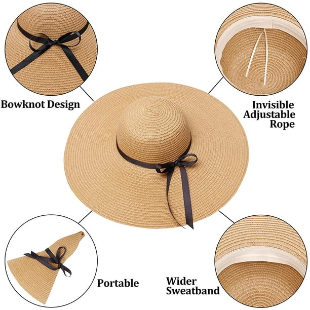 Veeki Summer Hats Ladies Big-Edge Bow Sun Hats Women's Straw Hats Outdoor Travel Uv Sun Hats