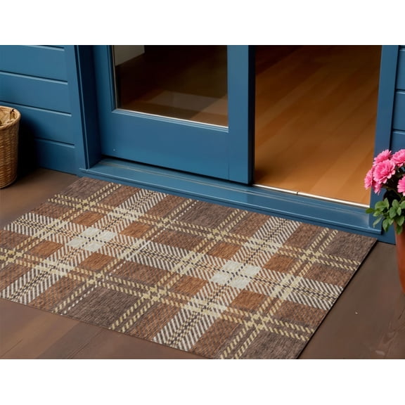 HomeRoots 596321 3 x 5 ft. Chocolate, Copper & Gold Plaid Washable Indoor & Outdoor Rectangle Area Rug