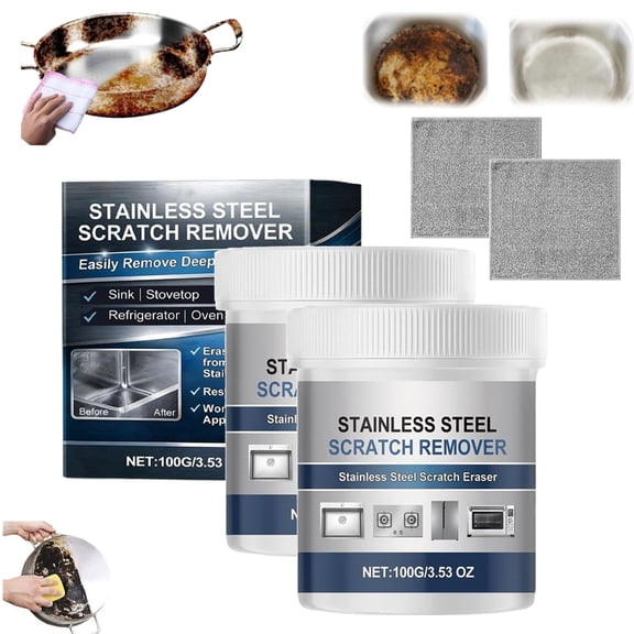 Stainless Steel Scratch Remover Kit, 100g Multi-purpose Stainless Steel Scratch Remover Paste for Kitchen, for Kitchen Grease, Pot Bottom Stain(2pcs)