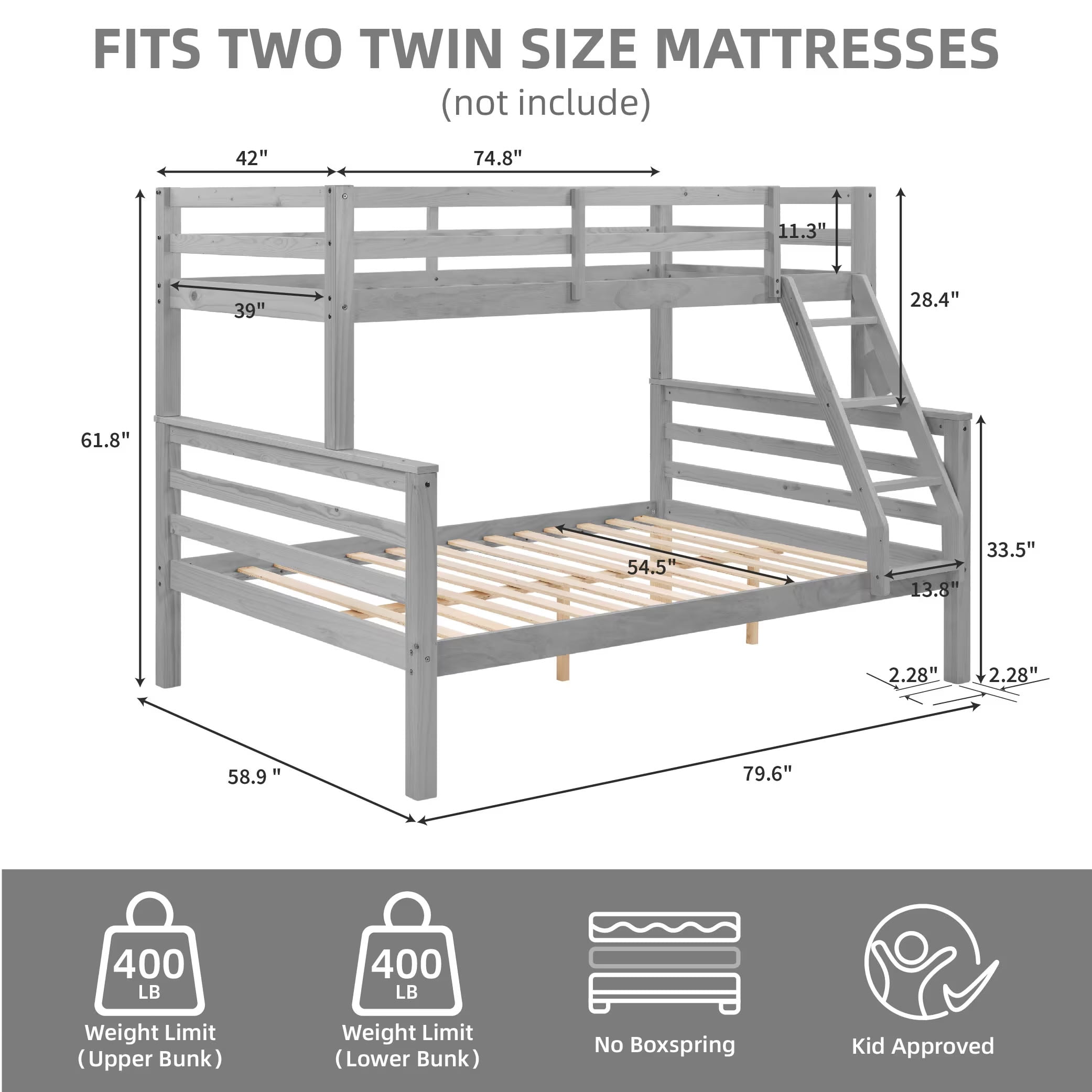 MAYEERTY Twin over Full Bunk Bed with Thick Posts, Solid Wood Bed Frame with High Guardrail and Ladder, for Kids Teens Dorm Rooms Guest Rooms, No Box Spring Needed