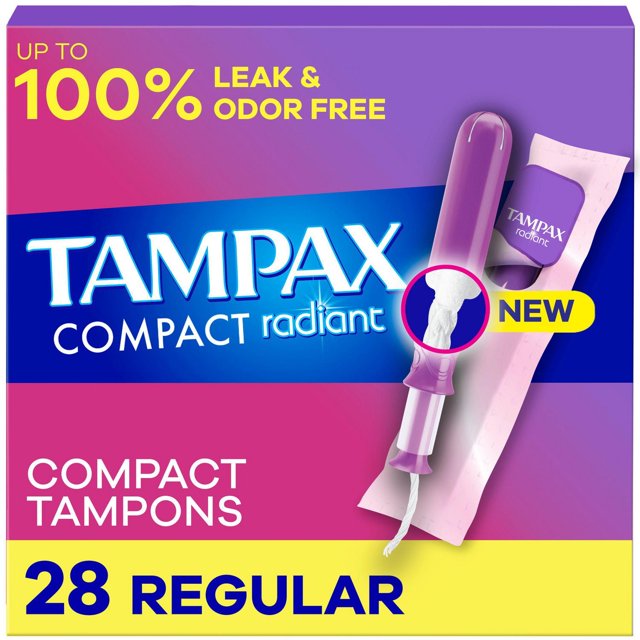 Tampax Compact Radiant Tampons, with LeakGuard Braid & Extendable Applicator, Regular Absorbency, Unscented