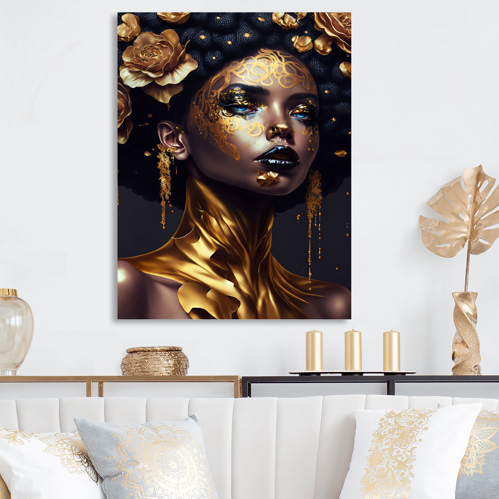 Designart Gold And Black Floral Woman III Canvas Wall Art